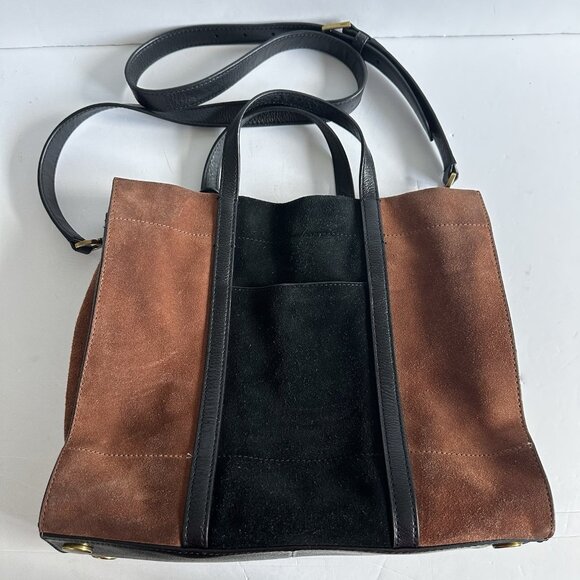 FOSSIL Carmen Shopper Tote Brown Black Genuine Suede Key Charm ASO Caila Quinn